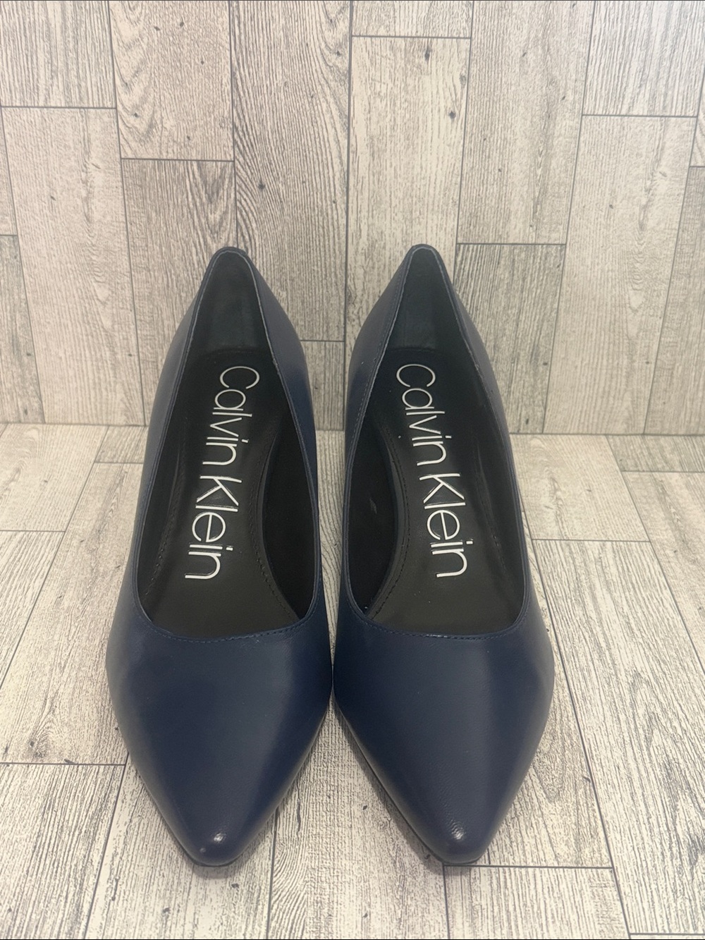 Calvin Klein Navy Pointed-Toe Leather Pumps